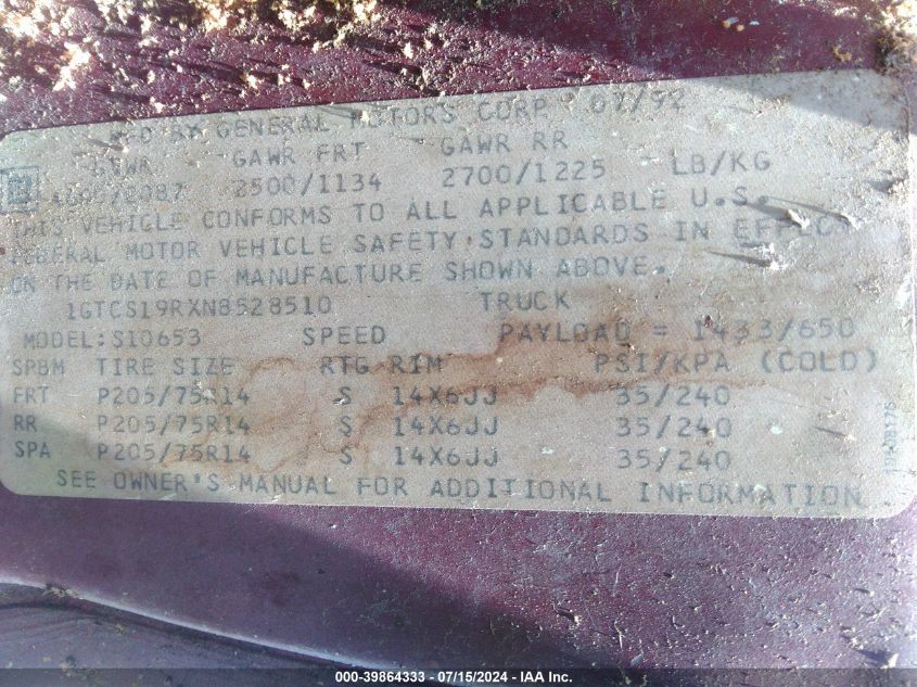 1992 GMC Sonoma VIN: 1GTCS19RXN8528510 Lot: 39864333