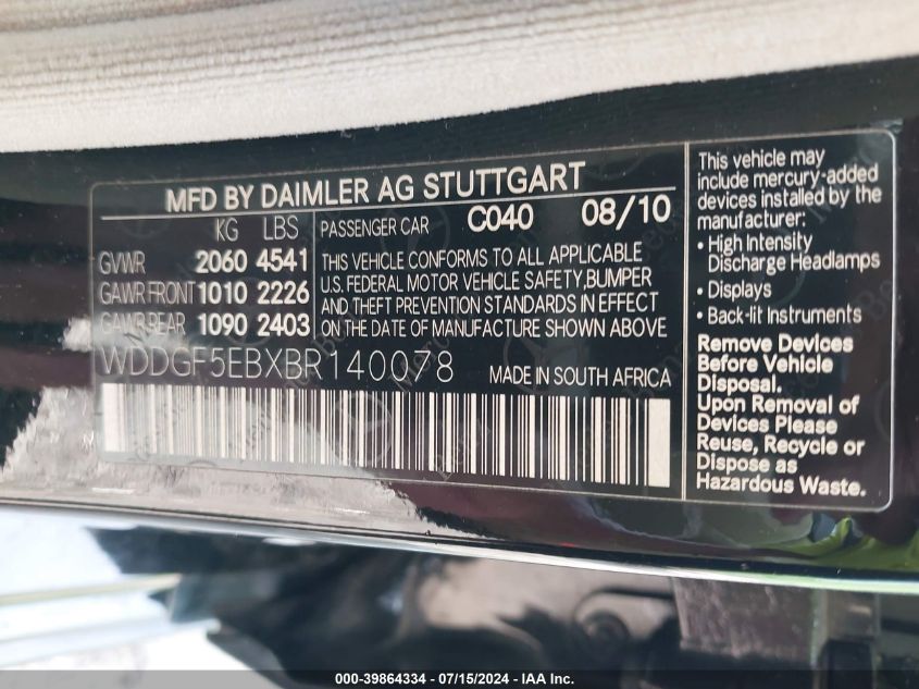 2011 Mercedes-Benz C 300 Luxury/Sport VIN: WDDGF5EBXBR140078 Lot: 39864334