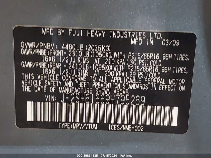 2009 Subaru Forester 2.5X VIN: JF2SH61669H795269 Lot: 39864335