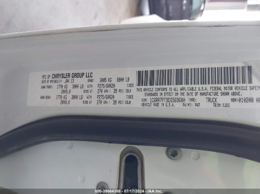2013 Ram 1500 Laramie Longhorn Edition VIN: 1C6RR7PT9DS569680 Lot: 39864358
