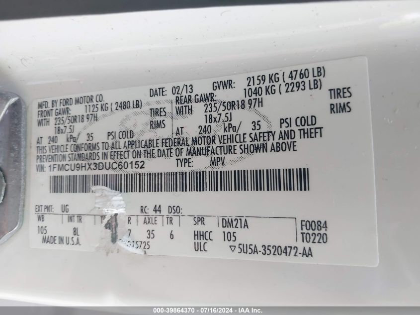 2013 Ford Escape Sel VIN: 1FMCU9HX3DUC60152 Lot: 39864370