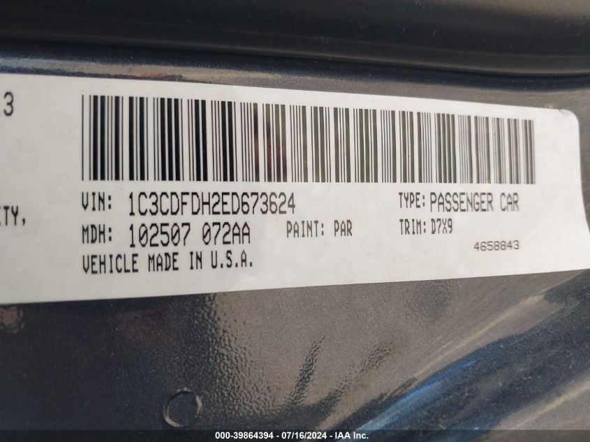 2014 Dodge Dart Aero VIN: 1C3CDFDH2ED673624 Lot: 39864394