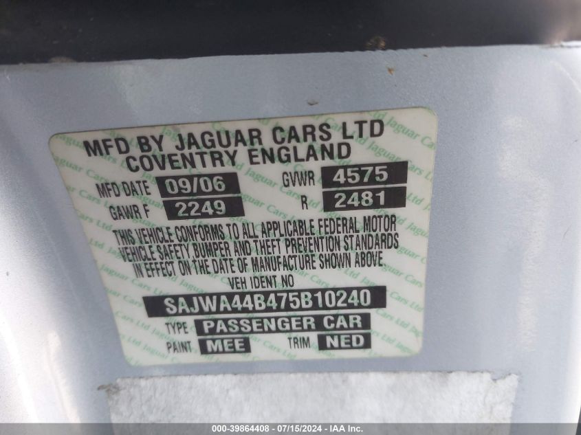 2007 Jaguar Xk VIN: SAJWA44B475B10240 Lot: 39864408