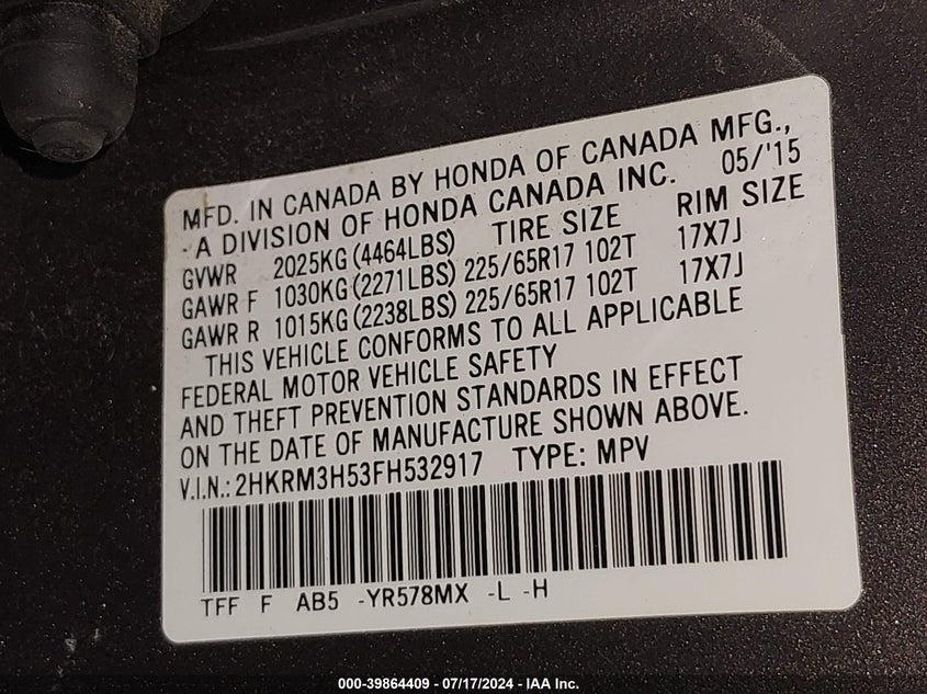 2015 HONDA CR-V EX - 2HKRM3H53FH532917