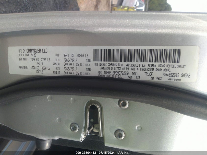 2009 Dodge Ram 1500 Slt/Sport/Trx VIN: 1D3HB18P89S722684 Lot: 39864412