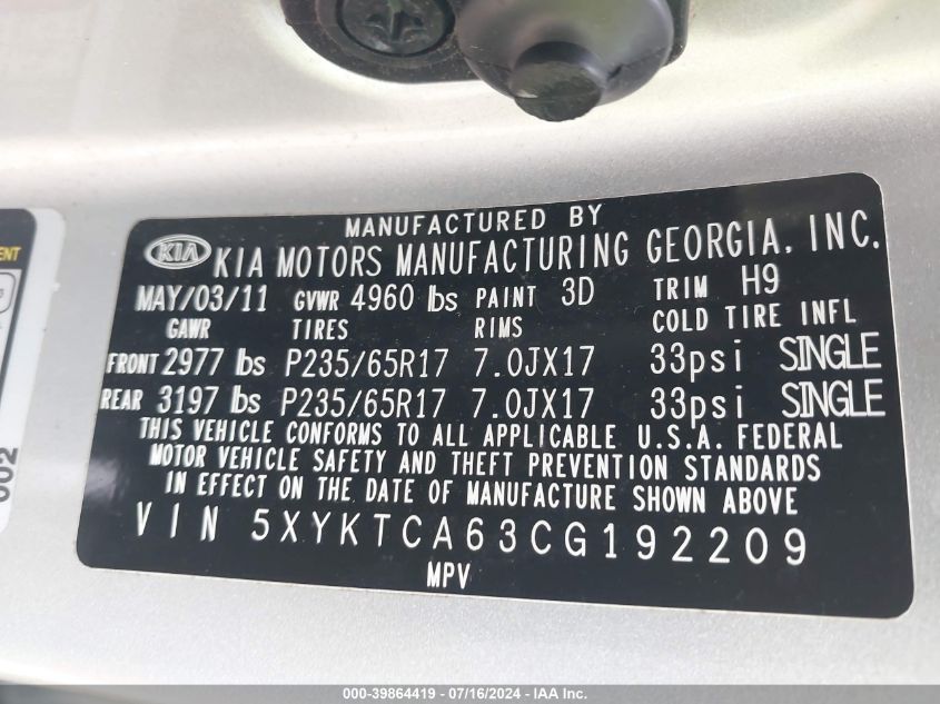 2012 Kia Sorento Lx VIN: 5XYKTCA63CG192209 Lot: 39864419