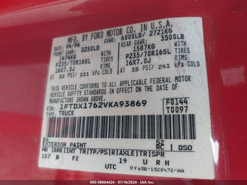 1997 Ford F-150 Lariat/Standard/Xl/Xlt VIN: 1FTDX1762VKA93869 Lot: 39864424