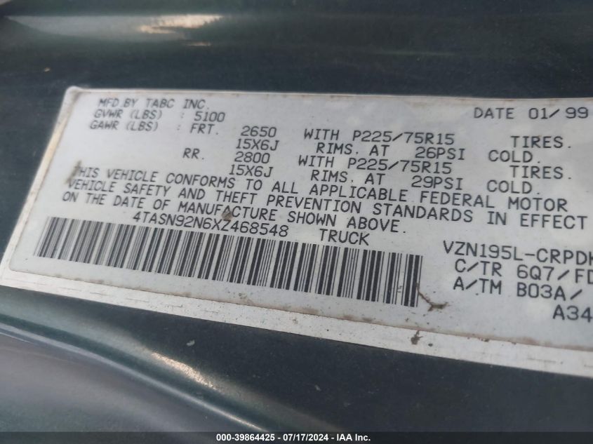 1999 Toyota Tacoma Prerunner V6 VIN: 4TASN92N6XZ468548 Lot: 39864425