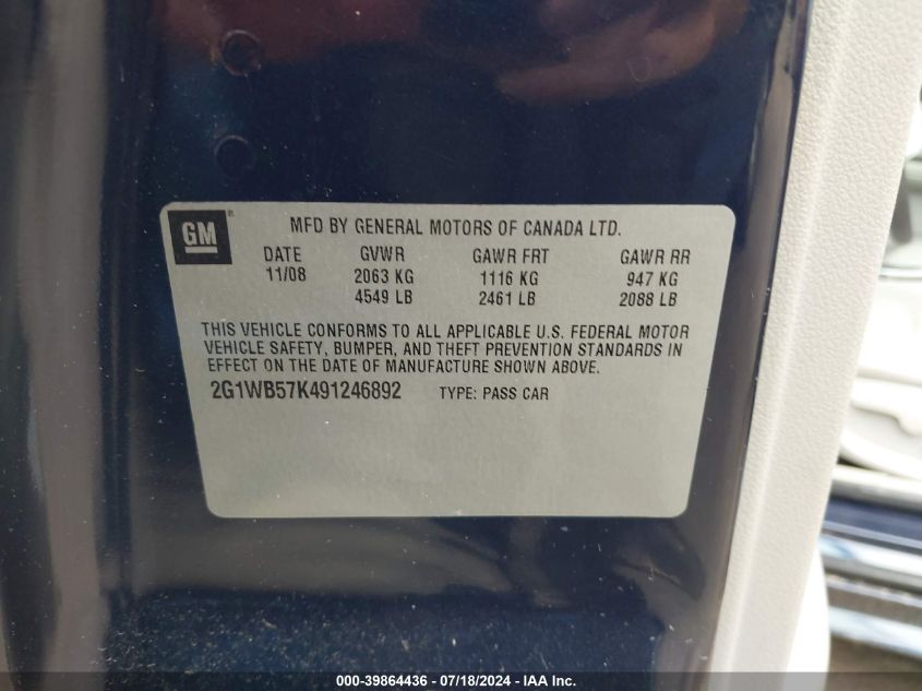 2009 Chevrolet Impala Ls VIN: 2G1WB57K491246892 Lot: 39864436