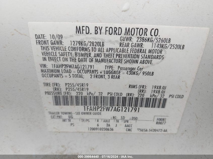 2010 Ford Taurus Limited VIN: 1FAHP2FW7AG121791 Lot: 39864440