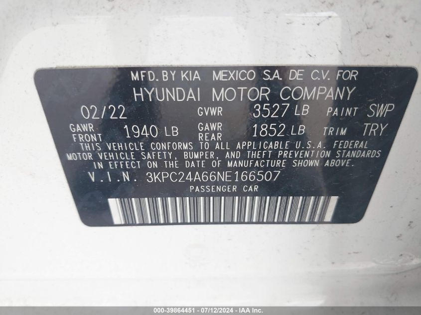 2022 Hyundai Accent Se VIN: 3KPC24A66NE166507 Lot: 39864451