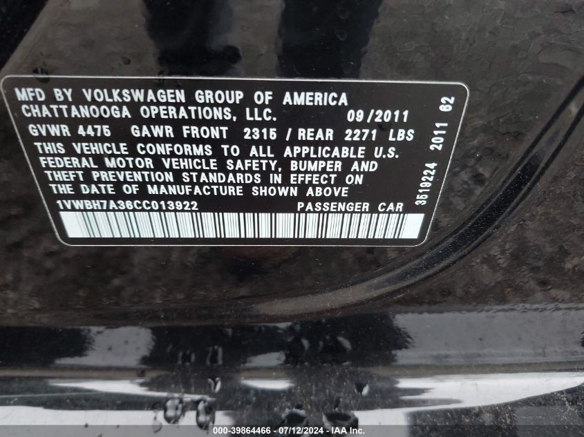 2012 Volkswagen Passat 2.5L Se VIN: 1VWBH7A36CC013922 Lot: 39864466