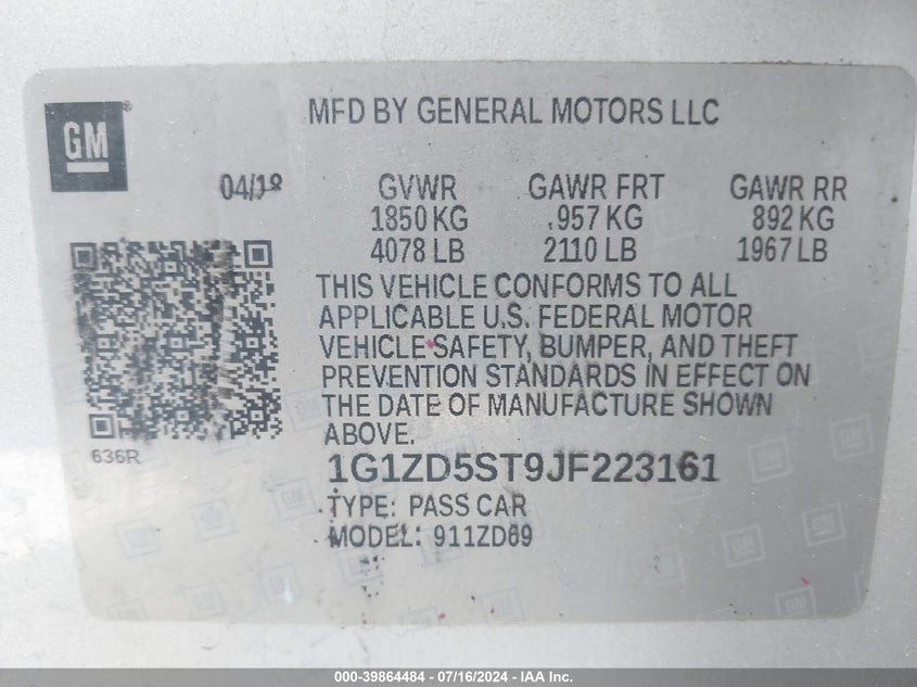 2018 Chevrolet Malibu Lt VIN: 1G1ZD5ST9JF223161 Lot: 39864484