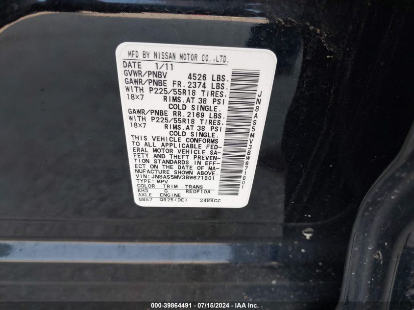 2011 Nissan Rogue Sv VIN: JN8AS5MV3BW671801 Lot: 39864491