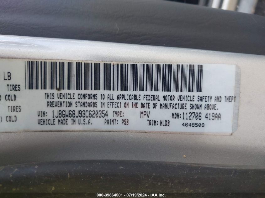 2003 Jeep Grand Cherokee Overland VIN: 1J8GW68J93C620354 Lot: 39864501