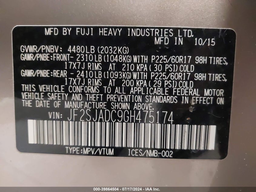 2016 Subaru Forester 2.5I Premium VIN: JF2SJADC9GH475174 Lot: 39864504