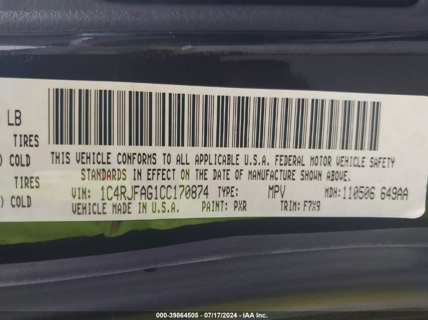 2012 Jeep Grand Cherokee Laredo VIN: 1C4RJFAG1CC170874 Lot: 39864505