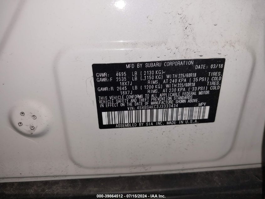 2018 Subaru Outback 2.5I Limited VIN: 4S4BSAKC3J3333434 Lot: 39864512