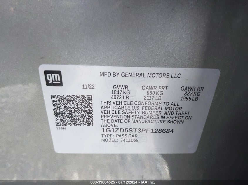 2023 Chevrolet Malibu Fwd 1Lt VIN: 1G1ZD5ST3PF128684 Lot: 39864525