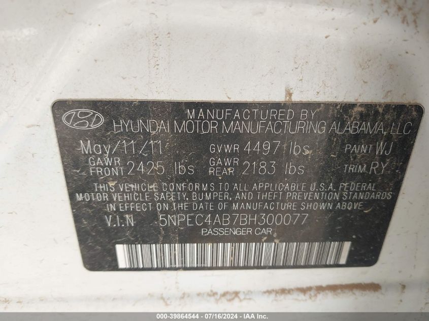 2011 Hyundai Sonata Se/Limited VIN: 5NPEC4AB7BH300077 Lot: 39864544