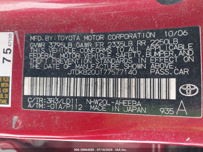 2007 Toyota Prius VIN: JTDKB20U177577140 Lot: 39864550