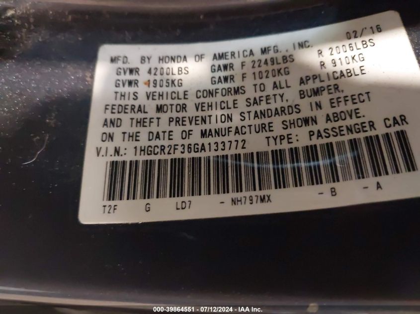 1HGCR2F36GA133772 | 2016 HONDA ACCORD