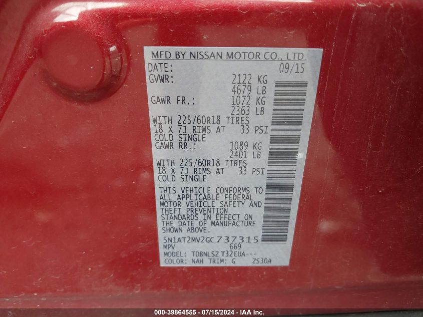 2016 Nissan Rogue Sl VIN: 5N1AT2MV2GC737315 Lot: 39864555