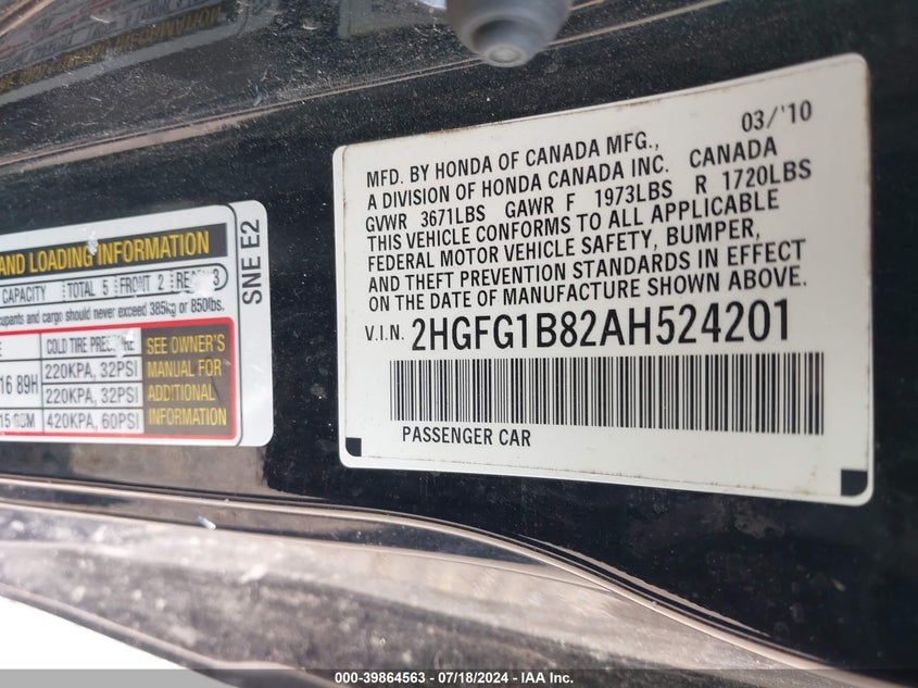2010 Honda Civic Ex VIN: 2HGFG1B82AH524201 Lot: 39864563