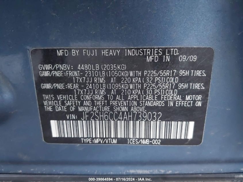 2010 Subaru Forester 2.5X Premium VIN: JF2SH6CC4AH739032 Lot: 39864594