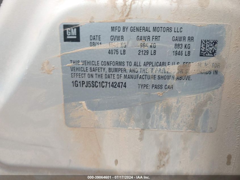 2012 Chevrolet Cruze Eco VIN: 1G1PJ5SC1C7142474 Lot: 39864601