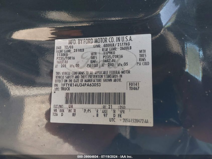 2004 Ford Ranger Super Cab VIN: 1FTYR14U34PA63053 Lot: 39864604