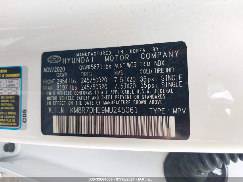 2021 Hyundai Palisade Calligraphy VIN: KM8R7DHE9MU245061 Lot: 39864606