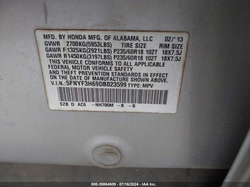 2013 Honda Pilot Exl VIN: 5FNYF3H69DB023599 Lot: 39864609