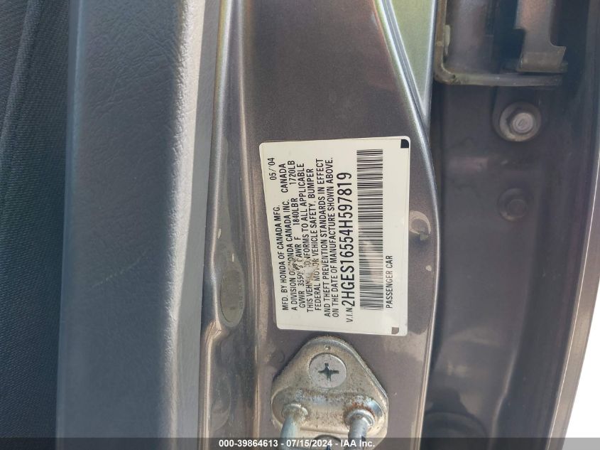 2004 Honda Civic Lx VIN: 2HGES16554H597819 Lot: 39864613