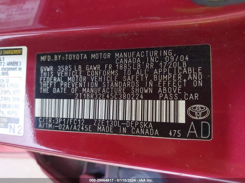 2T1BR32E45C380224 2005 Toyota Corolla S