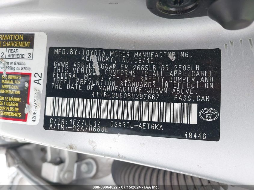 2011 Toyota Avalon VIN: 4T1BK3DB0BU397667 Lot: 39864627