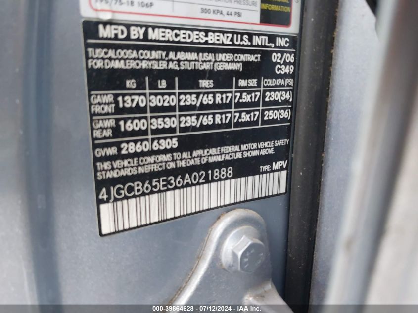 2006 Mercedes-Benz R 350 4Matic VIN: 4JGCB65E36A021888 Lot: 39864628