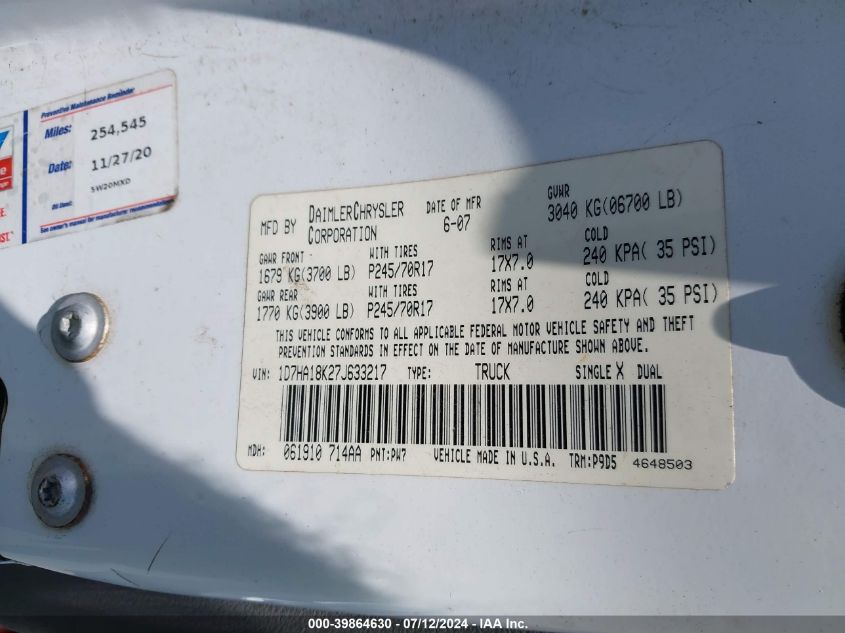 2007 Dodge Ram 1500 St VIN: 1D7HA18K27J633217 Lot: 39864630