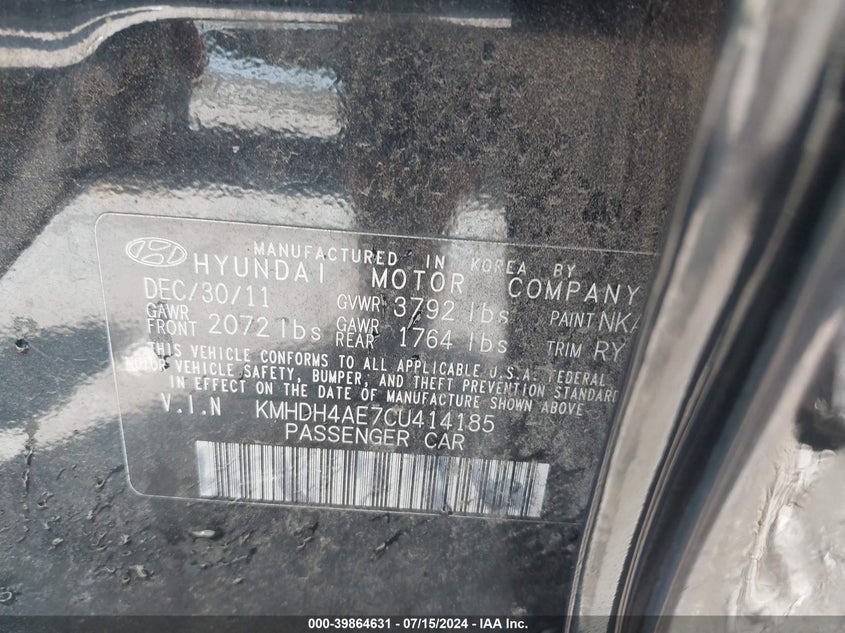 2012 Hyundai Elantra Limited (Ulsan Plant) VIN: KMHDH4AE7CU414185 Lot: 39864631