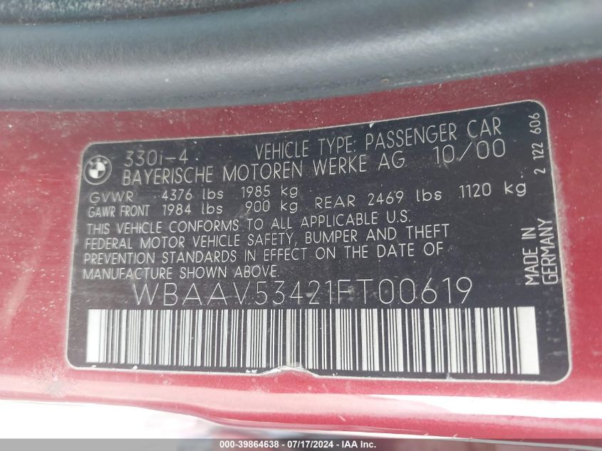 2001 BMW 330I VIN: WBAAV53421FT00619 Lot: 39864638
