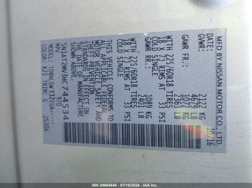 2017 Nissan Rogue Sl VIN: 5N1AT2MV3HC744534 Lot: 39864640