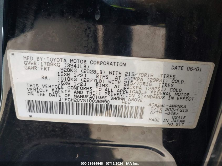 2001 Toyota Rav4 VIN: JTEGH20V510036990 Lot: 39864648