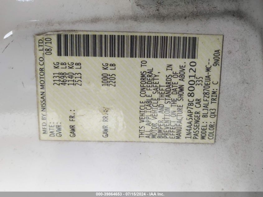 2011 Nissan Maxima 3.5 Sv VIN: 1N4AA5AP7BC800120 Lot: 39864653