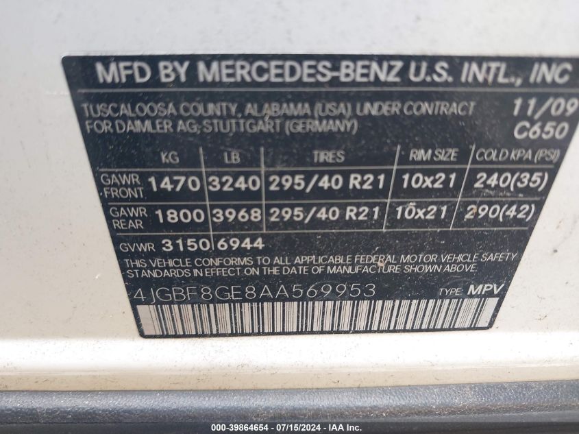 2010 Mercedes-Benz Gl 550 4Matic VIN: 4JGBF8GE8AA569953 Lot: 39864654