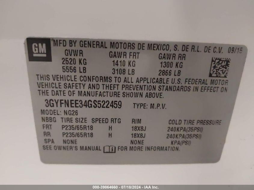 2016 Cadillac Srx Luxury Collection VIN: 3GYFNEE34GS522459 Lot: 39864660