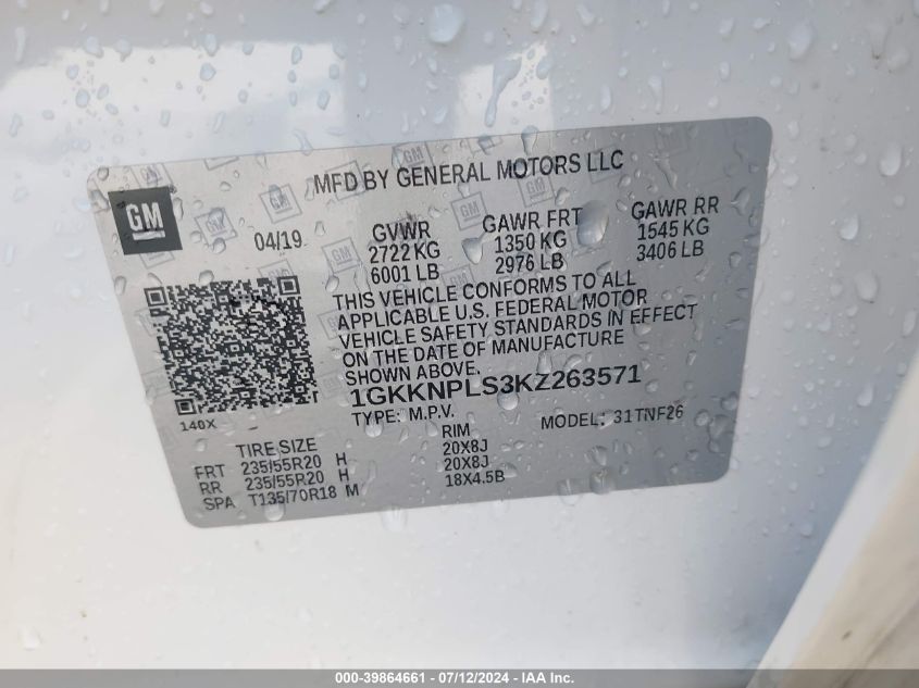 2019 GMC Acadia Denali VIN: 1GKKNPLS3KZ263571 Lot: 39864661