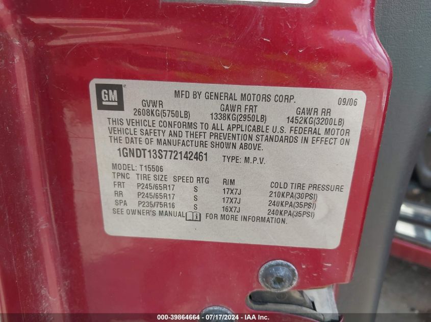 2007 Chevrolet Trailblazer Lt VIN: 1GNDT13S772142461 Lot: 39864664