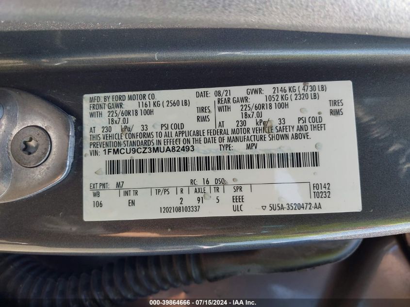 2021 Ford Escape Sel Hybrid VIN: 1FMCU9CZ3MUA82493 Lot: 39864666