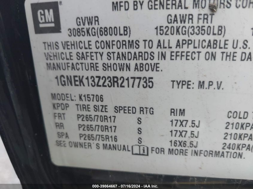 2003 Chevrolet Tahoe Z71 VIN: 1GNEK13Z23R217735 Lot: 39864667