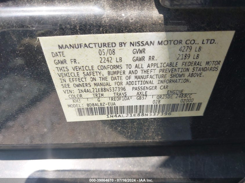 2008 Nissan Altima 2.5 S VIN: 1N4AL21E88N537396 Lot: 39864670